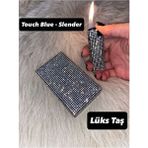 Lüks Taş Taşlı Sigara Kutusu ve Çakmak Touch Blue - Slender Kısa Kalın Sigara İçin Şık Tasarım - Gümüş