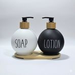 Lüks Tasarım Bambu Standlı 2'li Banyo Sabunluk Seti - Siyah & Beyaz