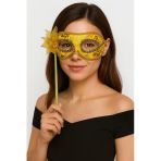 Lüks Taşlı Saplı Maskeli Balo Maskesi Altın Renk 35 Cm Mirsm0010k-Smr-E165-A