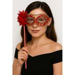 Lüks Taşlı Saplı Maskeli Balo Maskesi Kırmızı Renk 35 cm (5264)