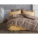 Lüks%80 Pamuklu Çift Kişilik Nevresim Takımı Seti Yorgan Kılıfı LOVE KALP Desen 200x220 cm + Lastikli Battal Boy Çarşaf 180x200x30 cm +2 Yastık Kılıflı 50x70 cm (Kahverengi, Kareli)