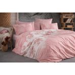 Lüks%80 Pamuklu Çift Kişilik Nevresim Takımı Seti Yorgan Kılıfı LOVE KALP Desen 200x220 cm + Lastikli Battal Boy Çarşaf 180x200x30 cm +2 Yastık Kılıflı 50x70 cm (Pembe, Çiçekli)