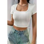 LUMİART ımodIM-5053 Defnada Kadın Beyaz Yarım Kol Düz Yaka Crop Top Bluz