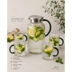 Lumindra Liora Modern Çizgili Cam Sürahi 4 Bardak Seti 1800 ml Sürahi 350 ml Bardak - Yeşil