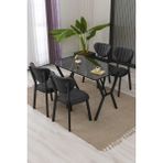 Lumodi Mobilya Elma Modeli Masa Sandalye Takımı, 4 Sandalye 1 Sabit Siyah Mermer Desen Masa 110 x 70 cm , Keten Kumaş - Antrasit - 110 x 70 cm