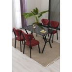 Lumodi Mobilya Elma Modeli Masa Sandalye Takımı, 4 Sandalye 1 Sabit Siyah Mermer Desen Masa 110 x 70 cm , Keten Kumaş - Bordo - 110 x 70 cm