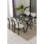 Lumodi Mobilya Elma Modeli Masa Sandalye Takımı, 4 Sandalye 1 Sabit Siyah Mermer Desen Masa 110 x 70 cm , Keten Kumaş - Krem - 110 x 70 cm