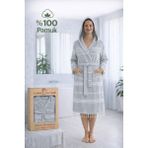 Luna %100 Pamuk Peştemal Bornoz Kapüşonlu Unisex- Açık Gri - Beyaz - Açık Gri - S - M