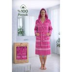 Luna %100 Pamuk Peştemal Bornoz Kapüşonlu Unisex- Fuşya - Beyaz - Fuşya - S - M