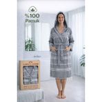 Luna %100 Pamuk Peştemal Bornoz Kapüşonlu Unisex- Koyu Gri - Beyaz - Koyu Gri - S - M