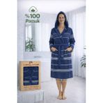 Luna %100 Pamuk Peştemal Bornoz Kapüşonlu Unisex- Lacivert - Lacivert - Beyaz - S - M