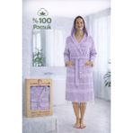 Luna %100 Pamuk Peştemal Bornoz Kapüşonlu Unisex- Lila - Lila - Beyaz - L - XL