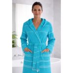 Luna %100 Pamuk Peştemal Bornoz Kapüşonlu Unisex- Turkuaz - Turkuaz - Beyaz - S - M