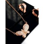 Luna Luster 18 Ayar Altın Kaplama Gold Kelebek Tasarım Kadın Kolye Kalp Küpe Gümüş Set Anneler Günü Hediye