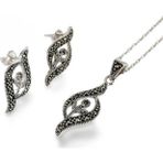 Luna Luster 925 Gümüş Markazit Taşlı Zarif Siyah Lale Tasarım Set Kadın Kolye Küpe