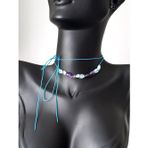 Luna Luster Ametis Aquamarine Doğal Taşlı Mavi Çakra Tasarım Choker Gümüş Kadın Kolye