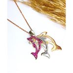 Luna Luster Gümüş Gold Zirkon Taşlı Üçlü Sallantılı Fuşya Yunus Kadın Kolye Sevgililer Günü Hediye