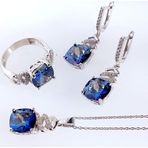 Luna Luster Gümüş Topaz Taşlı Kare Damla Tasarım Kolye Küpe Yüzük Kadın Set Yılbaşı Yeni Yıl Hediye