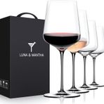LUNA & MANTHA 4'lü Şarap Kadehi Seti, 425 ml Elde Üflemeli Kristal Kırmızı Beyaz Şarap Kadehi, Set için İdeal Hediye, Düğünlerde veya Doğum Günlerinde Kızartma