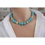 Luna Yaz Koleksiyonu 40 Cm 12 Mm Doğal Firuze Altın Kaplama Özel Tasarım Choker Kolye