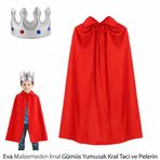 Lunaev Çocuk Boy Kral Pelerini 90 cm ve Yumuşak EVA Kral Tacı Gümüş Renk Parti Kostümü