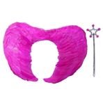 Lunaev Gerçek Tüylü Katlanabilir Çocuk Pembe Melek Kanadı ve Asa Seti 40x55 cm Parti Kostümü