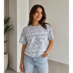 Lune Store Batik Desenli Tişört Bisiklet Yaka Kısa Kol Regular Fit T-Shirt - Gri - XL
