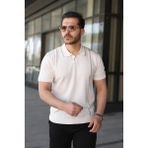 Lune Store Erkek Çizgi Detaylı Yakalı Triko Tişört - Beyaz