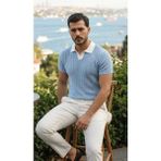 Lune Store Erkek Desenli Kısa Kollu Triko Tişört - %100 Pamuk Akrilik - Bebe Mavisi - XL