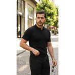 Lune Store Erkek Düğme Yakalı Kısa Kollu Pamuk Triko Tişört - Siyah - 2XL