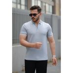 Lune Store Erkek Fermuar Yakalı Çizgi Detaylı Kısa Kollu Tişört - Gri