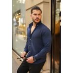 Lune Store Erkek Uzun Kollu Beyaz Düğmeli Pera Keten Gömlek - Lacivert - 2XL