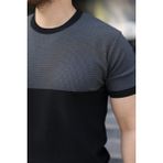 Lunelis Erkek Renk Bloklu Bisiklet Yaka Kısa Kollu Triko Tişört - Siyah - 2XL