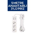 Lunitech 5 Metre Anahtarlı Kablolu Topraklı Ara Kablosu Uzatmalı Seyyar 3lü Grup Priz