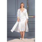 Lunoche Nightwear Kadın Güpür Dantel ve Sırt Detaylı Uzun Saten Çeyizlik Ikili Gecelik Sabahlık Takımı - Ekru