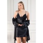 Lunoche Nightwear Kadın Güpür Detaylı Saten Çeyizlik Ikili Gecelik Sabahlık Takımı - Siyah