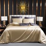 Luofanfei Saten nevresim takımı 135 x 200 cm 4 parça kahverengi altın parlak ipek düz çift taraflı nevresim takımı parlak saten lüks tek renk altın gri desenli nevresim takımı fermuarlı ve yastık
