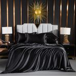 Luofanfei Saten nevresim takımı 135 x 200 cm 4 parça siyah parlak ipek tek renkli nevresim takımı düz lüks siyah nevresim takımı mikrofiber tek kişilik yatak fermuarlı ve yastık kılıflı 80 x 80 cm