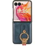 LUOTANL Motorola Razr 70 Ultra/70 için Vintage Kılıf, Deri Balmumu Desenli Yağlı Kapak Halka Parmak Ultra İnce Kayış Bilek Kılıfı, Mavi, 70