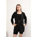 LUQAJ Basic Uzun Fermuarlı Kapüşonlu Modest Siyah Iki Iplik Likralı Lux Cepli Sweatshirt Tesettür Tunik
