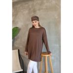 LUQAJ Modest Düşük Kol Kahverengi Oversize Likralı Modal Penye Pamuklu Tesettür Basic Tunik
