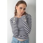 LUQAJ Siyah Beyaz Çizgili Uzun Kol Body Düğme Detaylı Soft Touch Reglan Basic Bluz Likralı Tişört