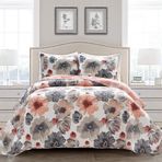 Lush Decor Leah Çift Taraflı Çiçekli Yorgan Seti, 3 Parça Set, Kral, Mercan ve Gri - Büyüleyici Çiçekli Yatak Seti - Büyük Çiçek Açan Sulu Boya Çiçekler