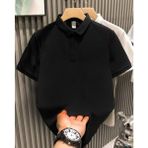Lushiowear Erkek Yakalı Pike Kumaş Tişort Düğmeli Düz Kısa Kol T-Shirt - Siyah