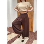 Lusin Kadın Acı Kahverengi Beli Lastikli Rahat Kesim Geniş Paça Tiril Şalvar Pantolon