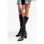 LuviShoes 120 Siyah Cilt Körüklü Kadın Kalın Topuklu Çizme