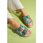 LuviShoes LANSO Yeşil Taşlı Çift Bantlı Kadın Terlik