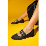 LuviShoes LAPIS Siyah Hasır Kadın Kısa Topuklu Ayakkabı