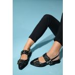 LuviShoes Paloma Siyah Cilt Altın Tokalı Kadın Sandalet