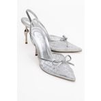 LuviShoes PEONY Gümüş Fileli Fiyonklu Sivri Burun Kadın Topuklu Ayakkabı
